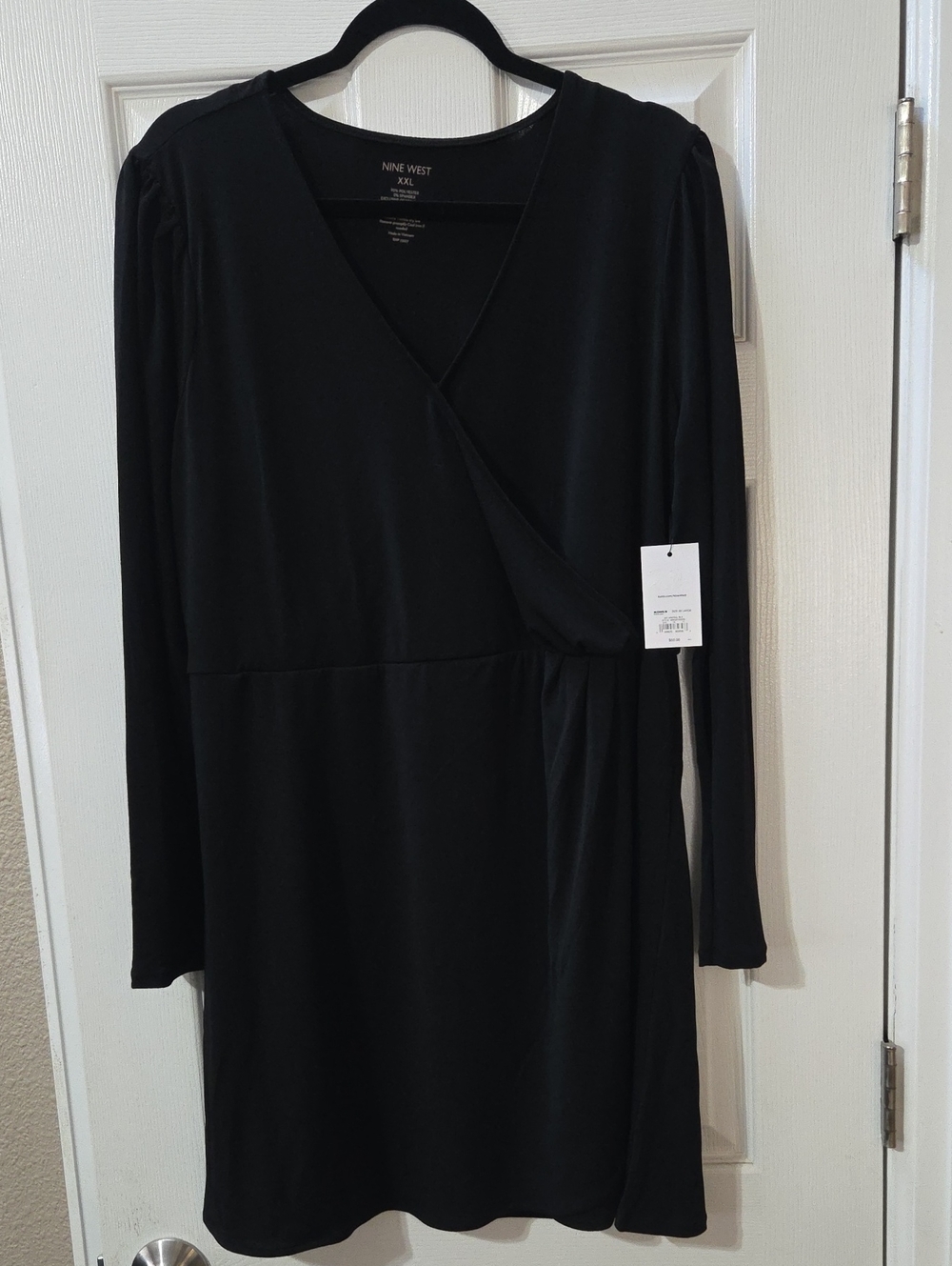 Nine West Black Long Sleeve Faux-Wrap Dress